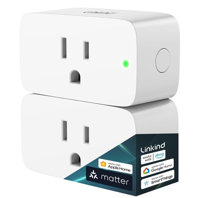 Linkind Matter Smart Plug, Work with Apple Home, Siri, Alexa, Google, SmartThings, Smart Outlet 15A/1800W Max, Smart Home Automation, APP Remote Control,Timer&Schedule, 2.4G Wi-Fi Only, 2 Pack - Image 1